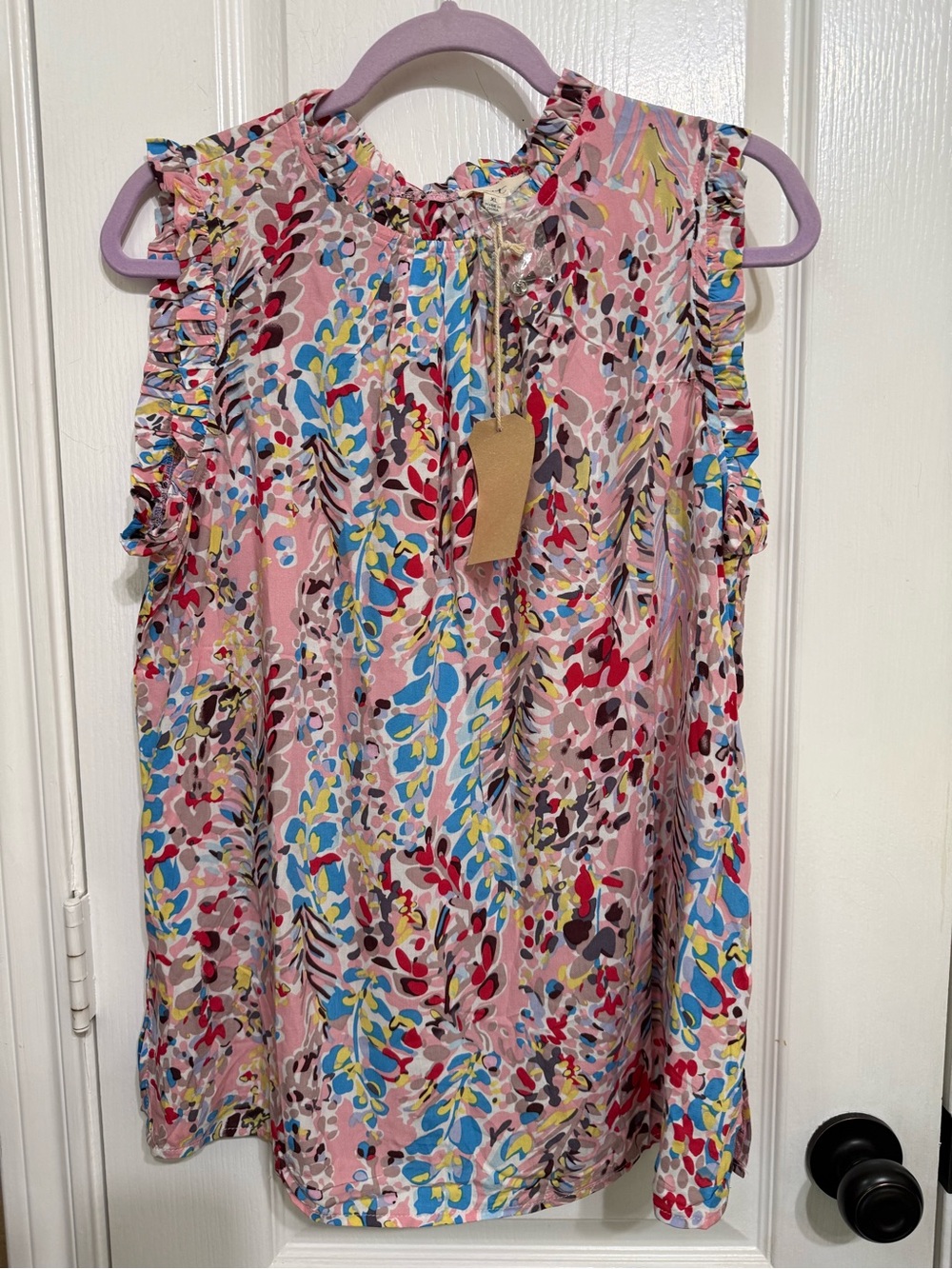 H128 NWT Ott XL pp21 Floral Ruffle Sleeveless Pink Multi Top - Picture 3 of 12